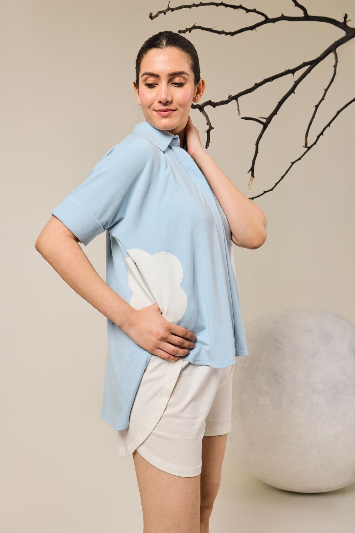 Juno Contrast Flower Patach Pocket shorts set - Sky Blue & White
