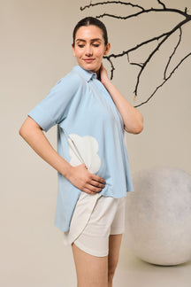 Juno Contrast Flower Patach Pocket shorts set - Sky Blue & White