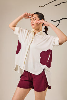 Juno Contrast Flower Patach Pocket shorts set - White & Wine
