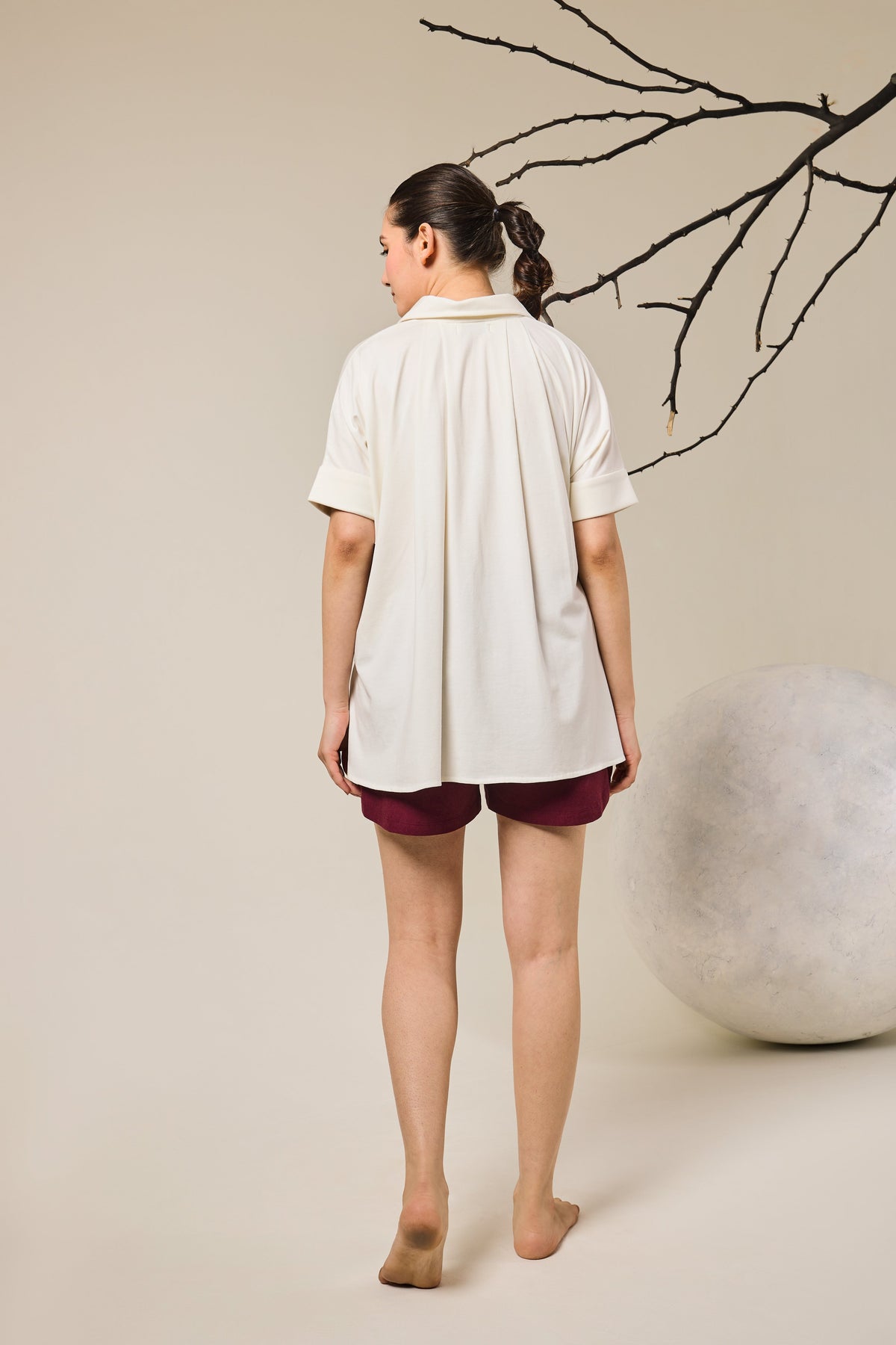 Juno Contrast Flower Patach Pocket shorts set - White & Wine