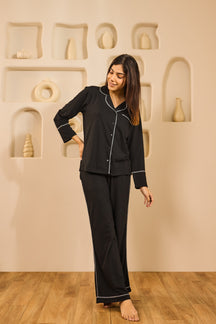 Lana Lace Trim Collared PJ Set - Black