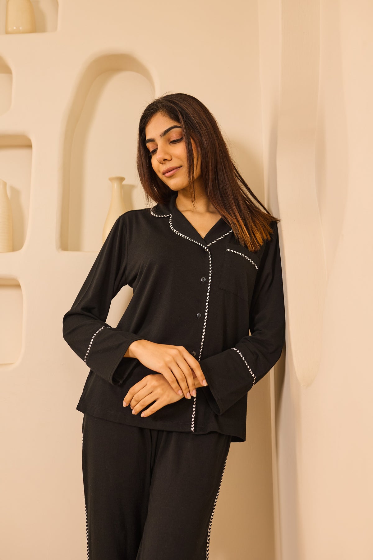 Lana Lace Trim Collared PJ Set - Black