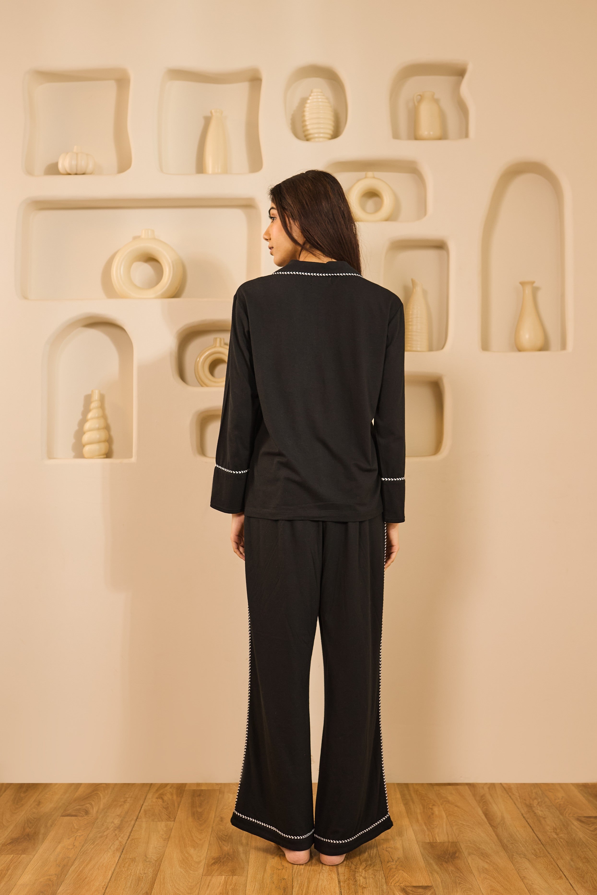 Lana Lace Trim Collared PJ Set - Black