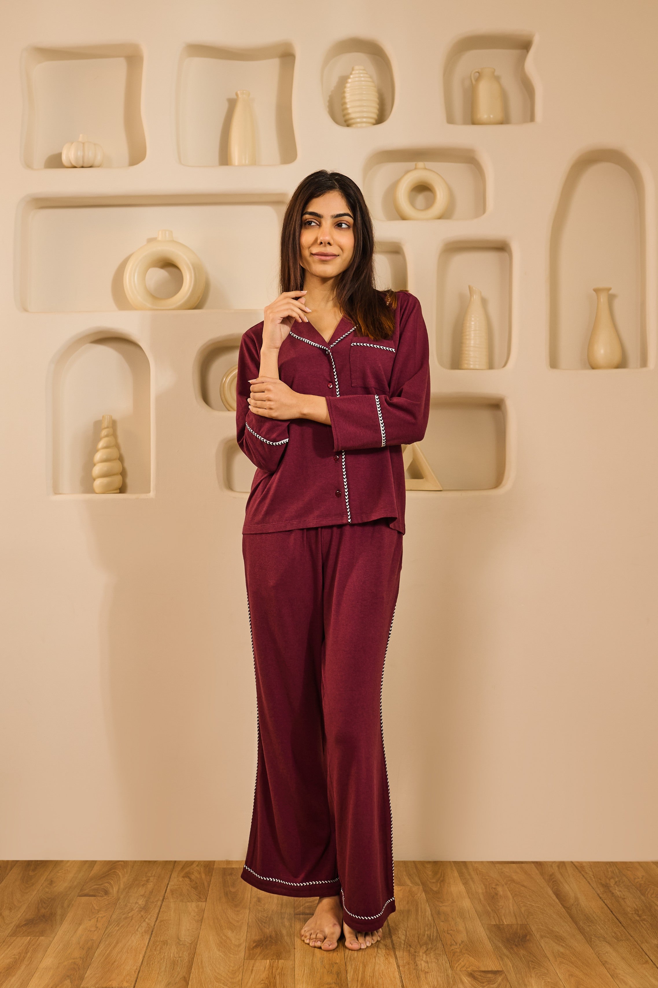 Lana Lace Trim Collared PJ Set - Wine