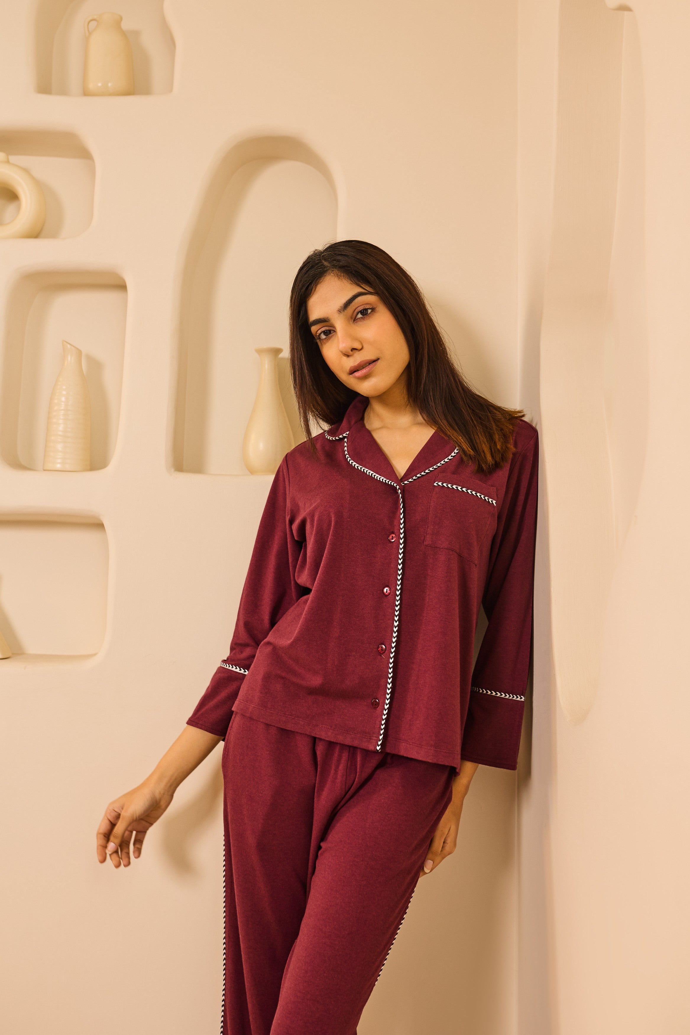 Lana Lace Trim Collared PJ Set - Wine