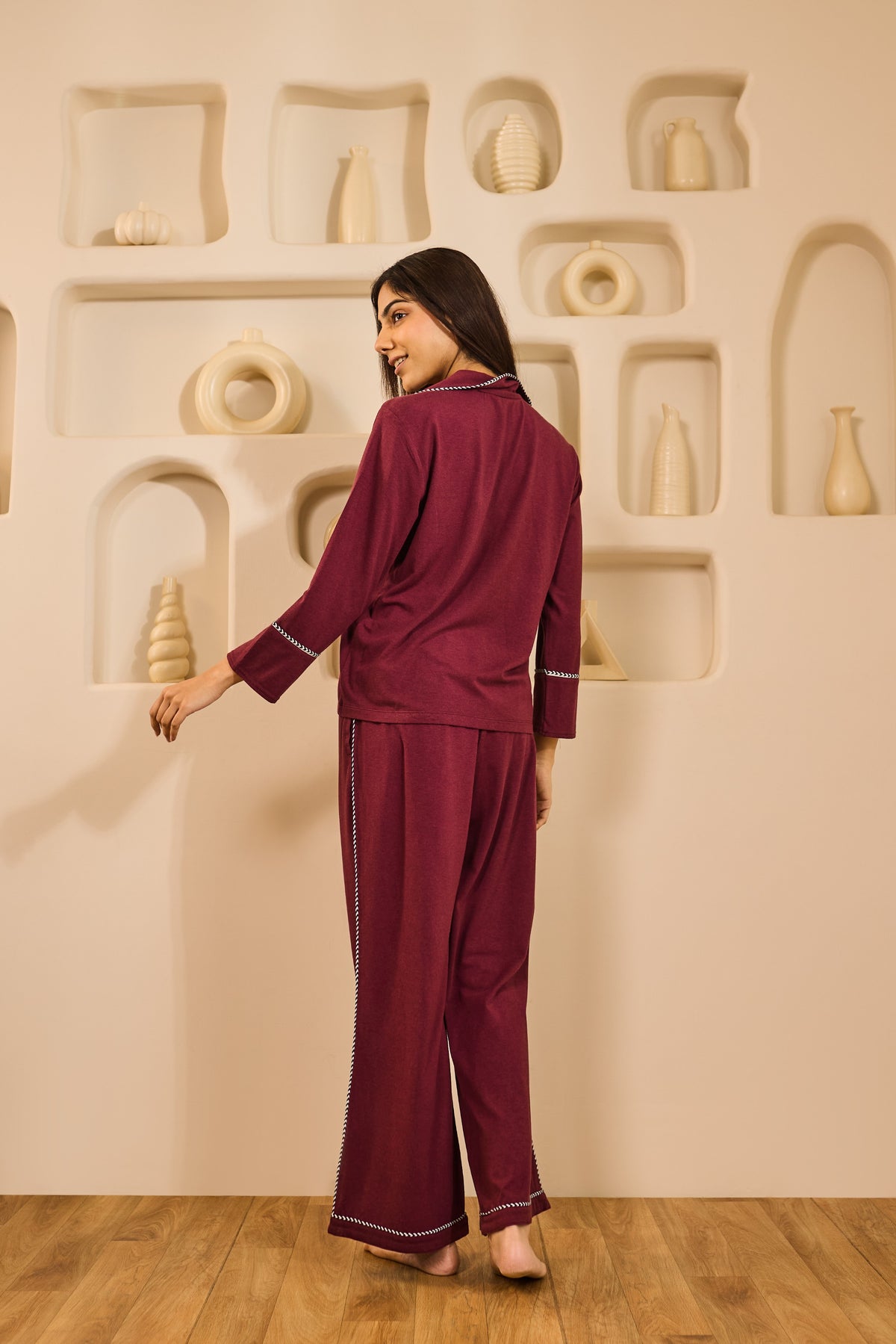 Lana Lace Trim Collared PJ Set - Wine