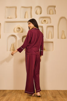 Lana Lace Trim Collared PJ Set - Wine
