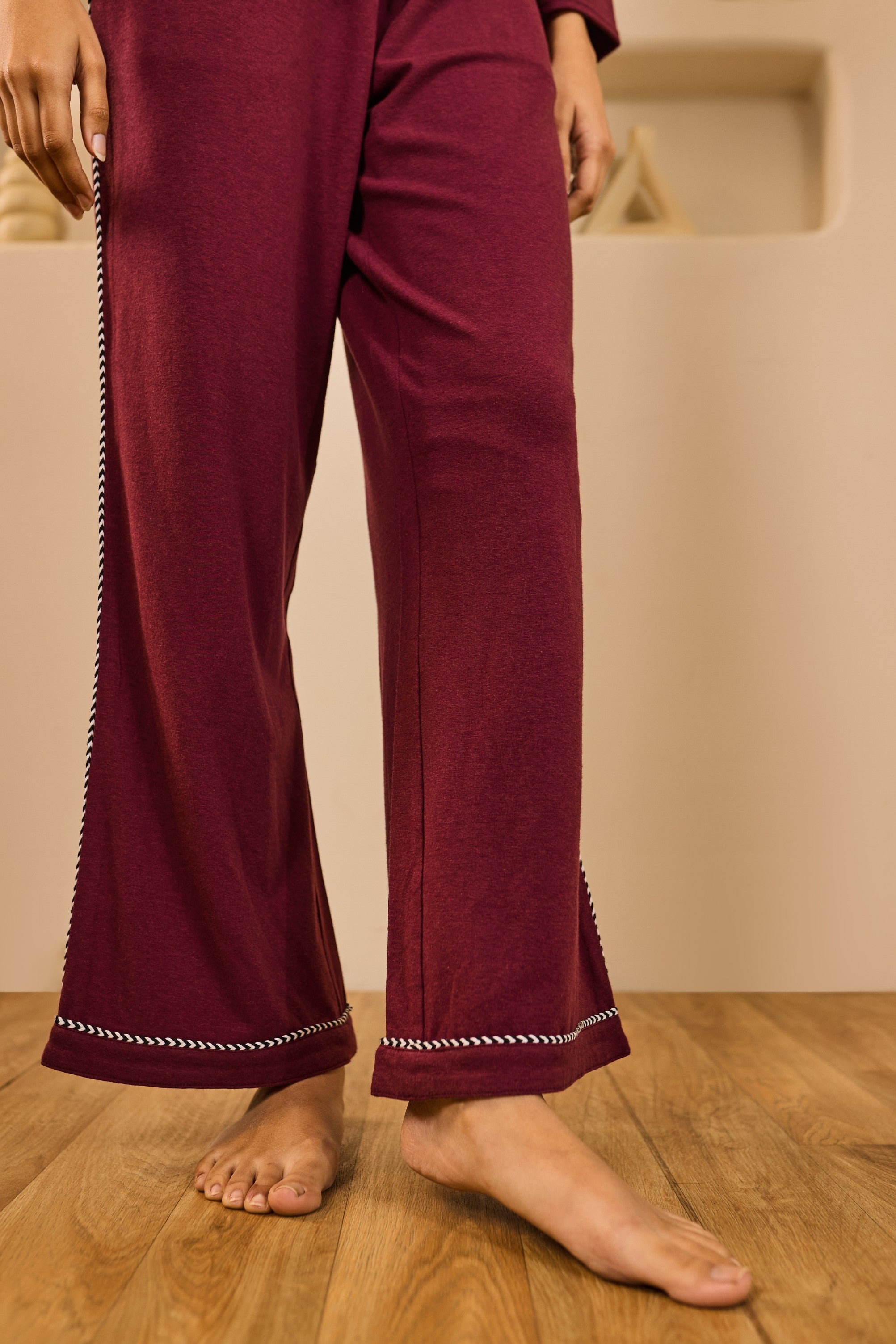 Lana Lace Trim Collared PJ Set - Wine