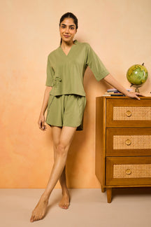 Mila V neck shorts set - Olive