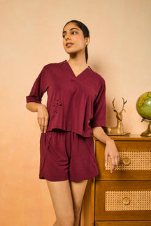 Mila V neck shorts set - Wine