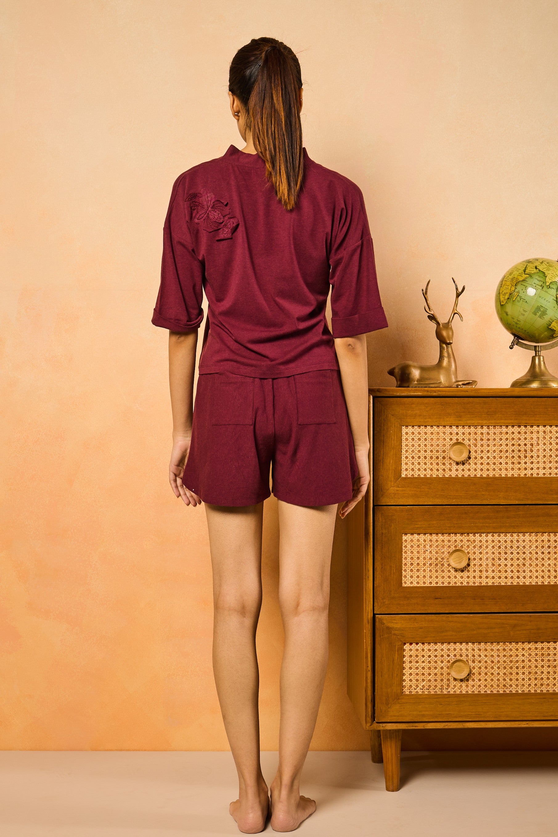 Mila V neck shorts set – Wine