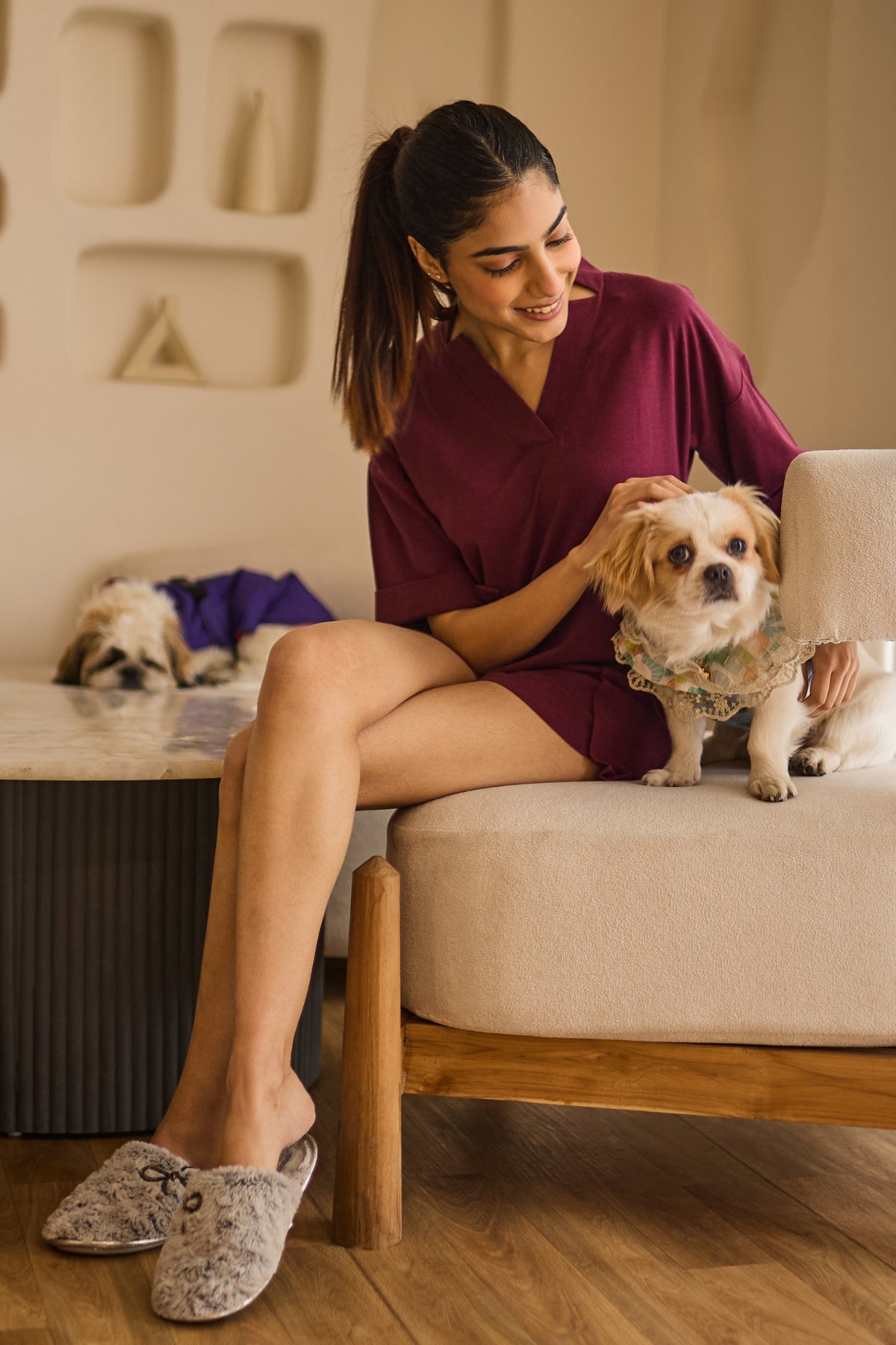 Mila V neck shorts set - Wine