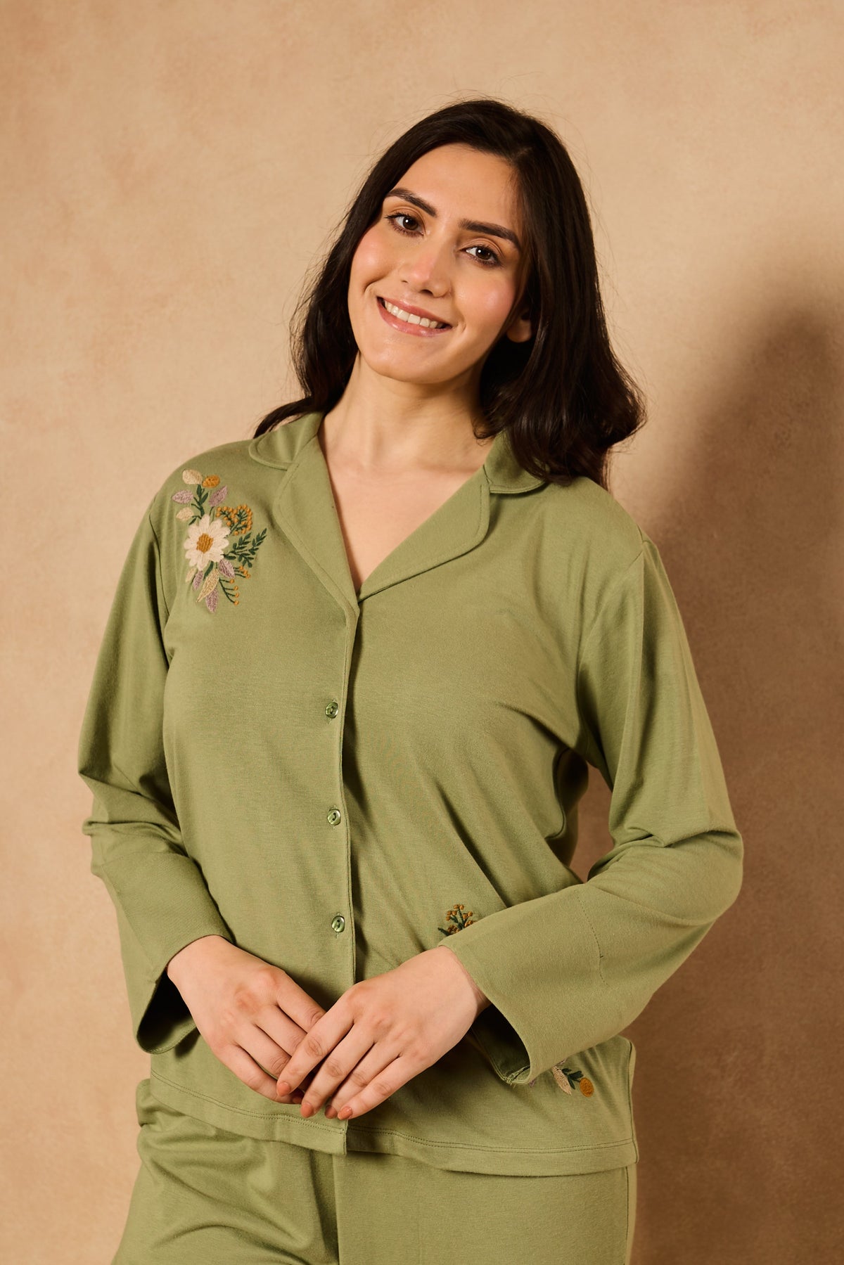 Nora Floral Embroidery PJ Set - Olive