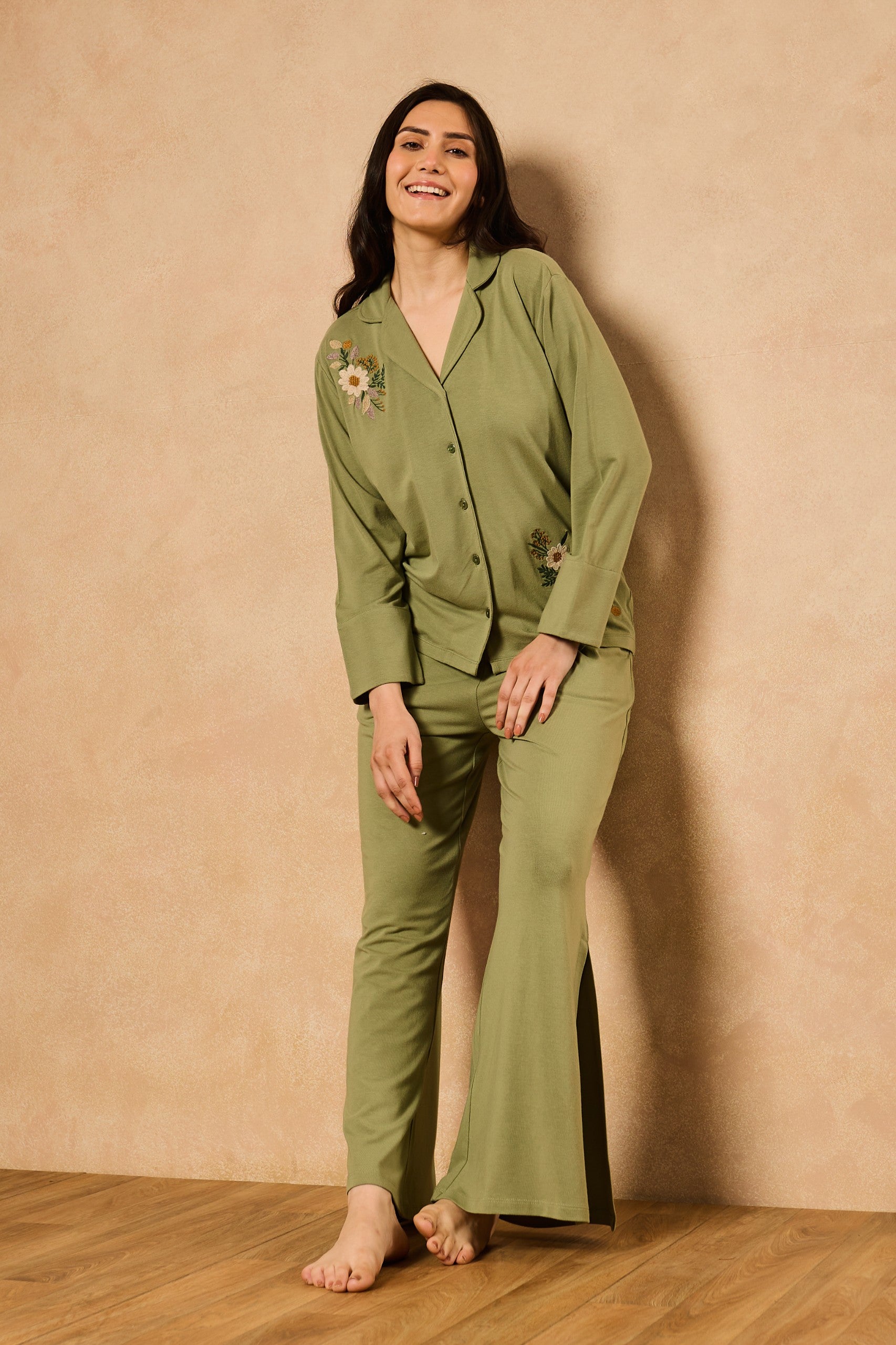 Nora Floral Embroidery PJ Set - Olive