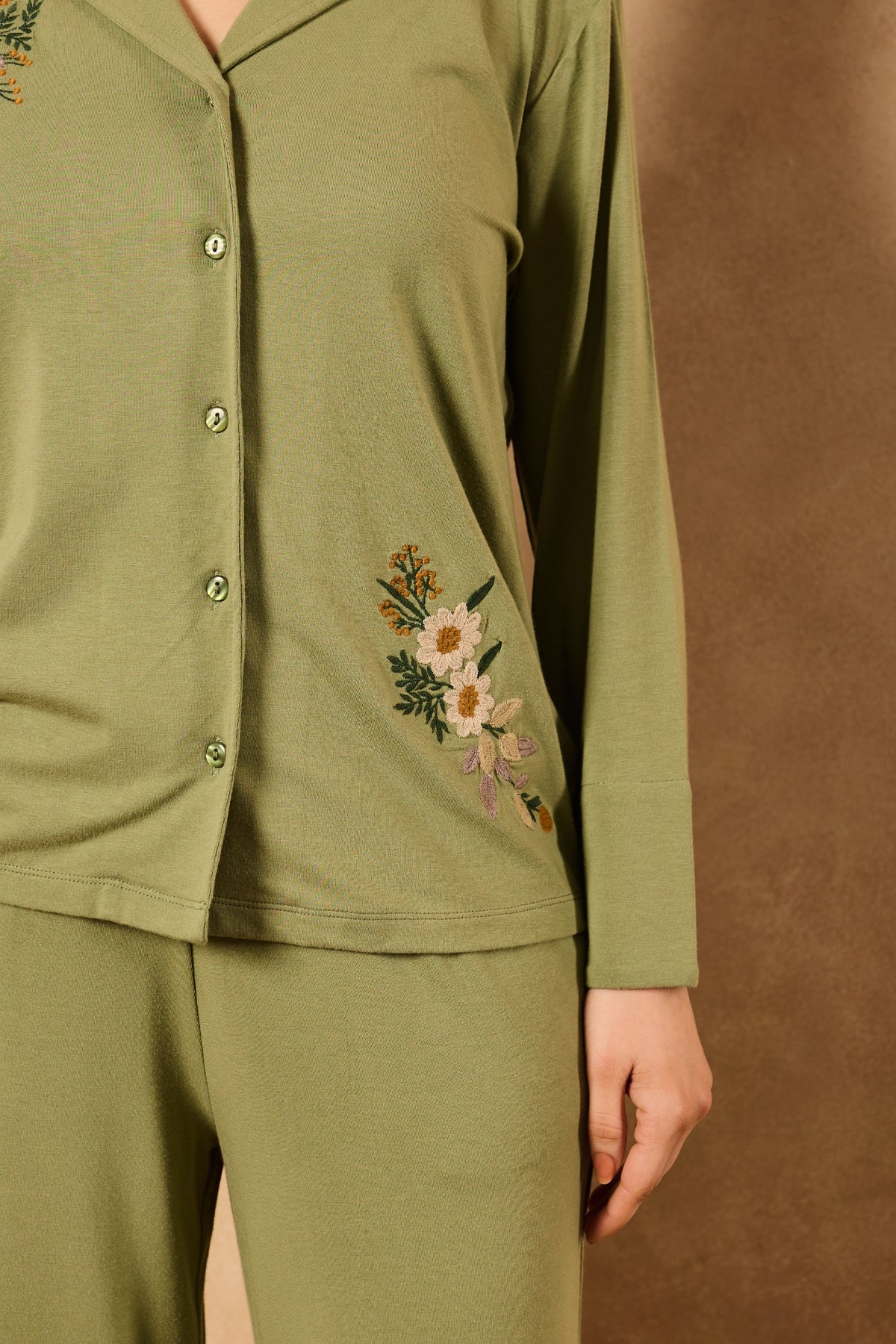Nora Floral Embroidery PJ Set - Olive