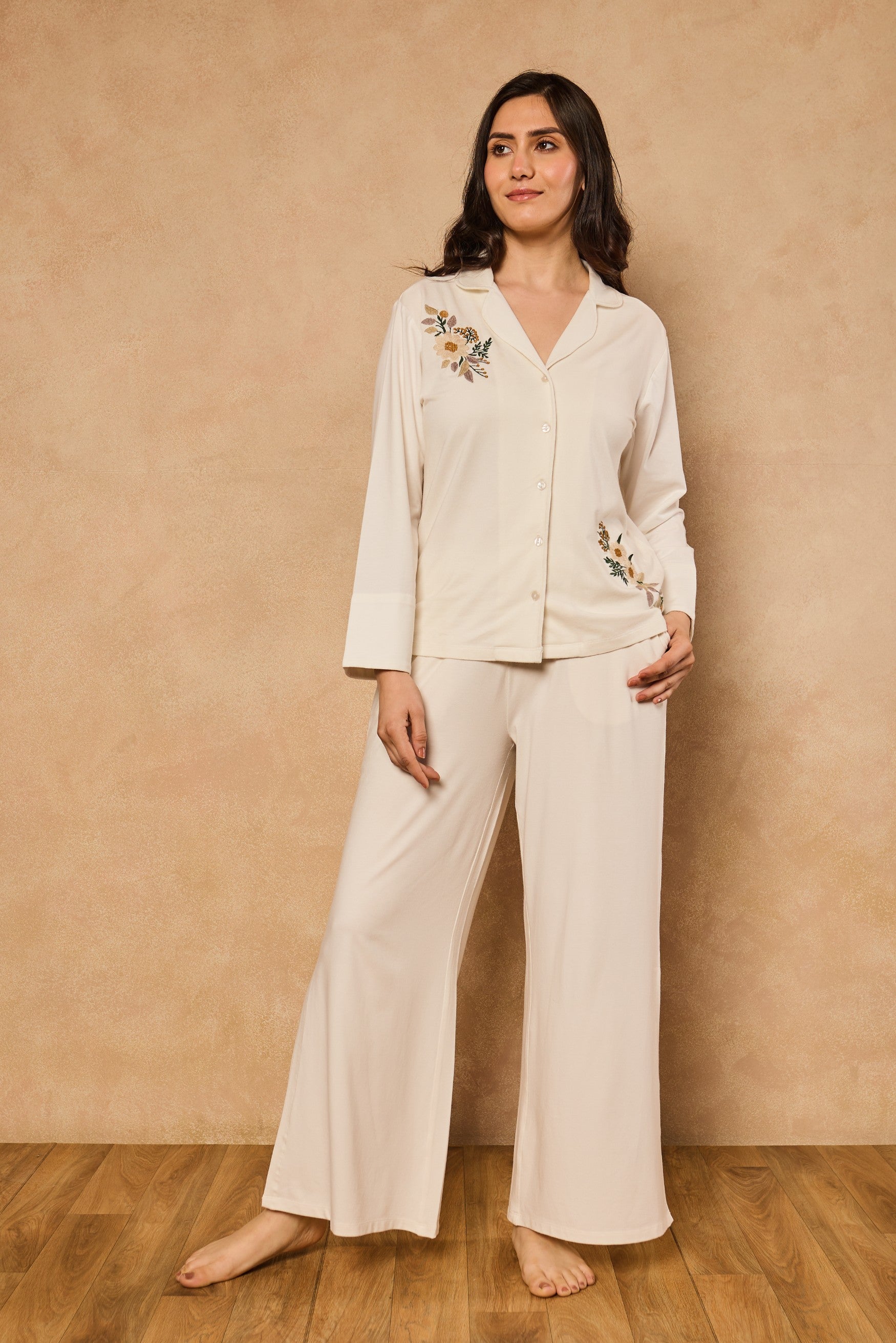 Nora Floral Embroidery PJ Set - White