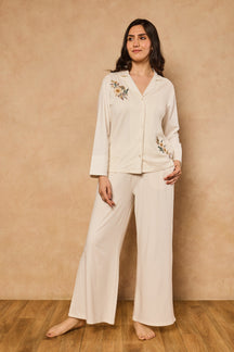 Nora Floral Embroidery PJ Set - White