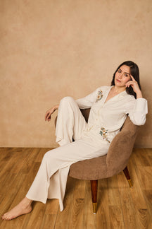 Nora Floral Embroidery PJ Set - White