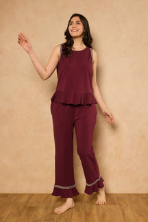 Nyla Frill Hem PJ Set - Wine