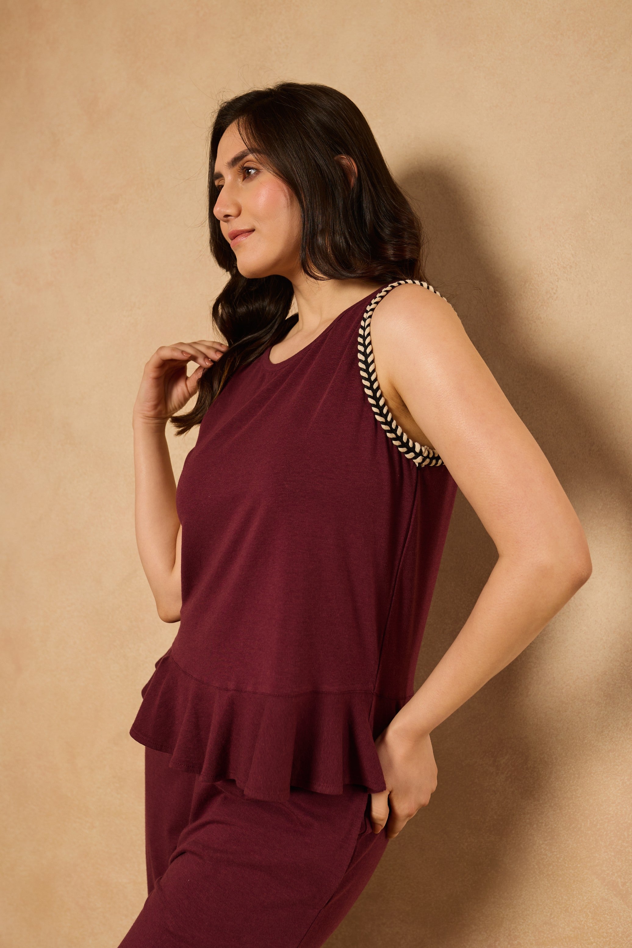 Nyla Frill Hem PJ Set - Wine