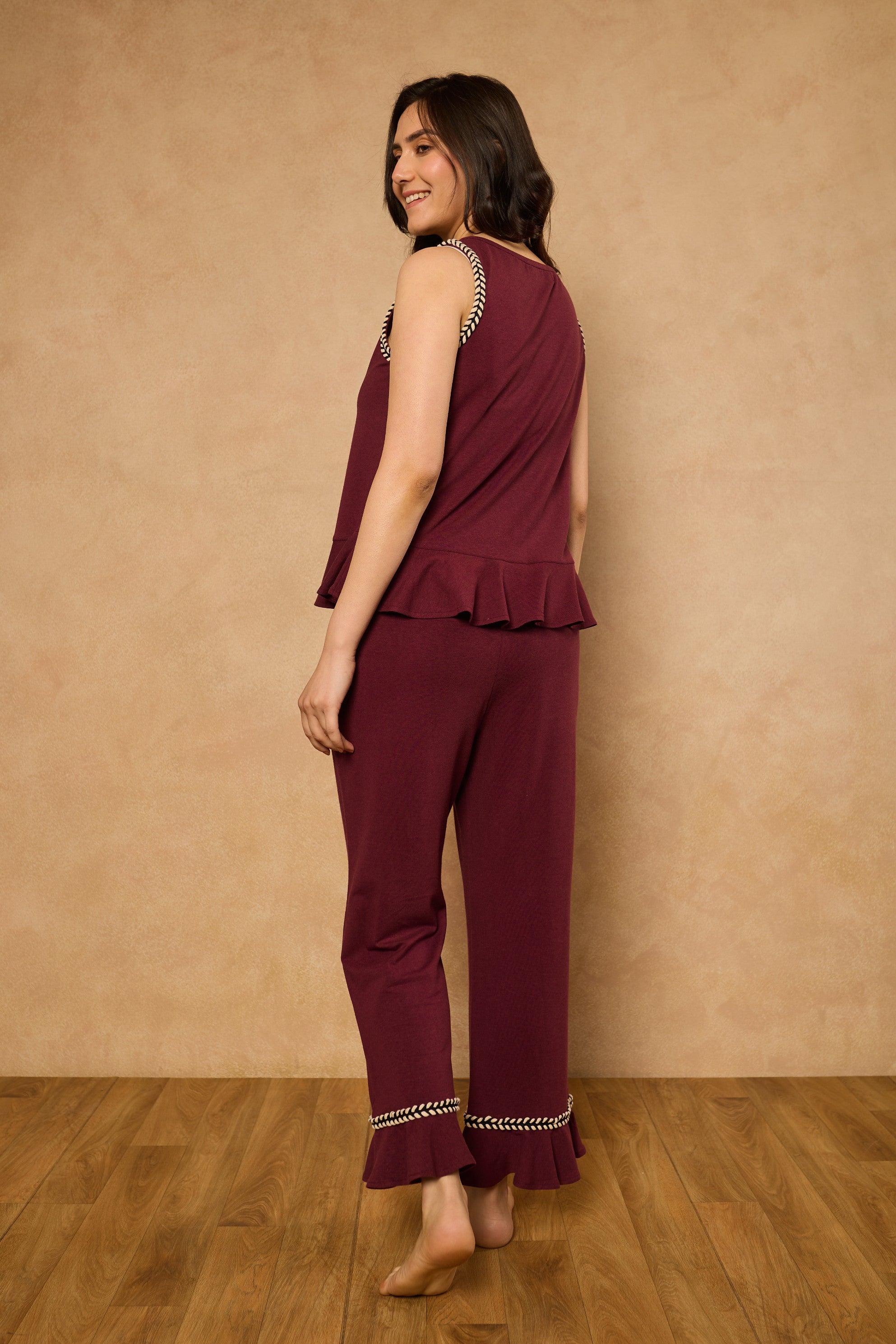 Nyla Frill Hem PJ Set - Wine