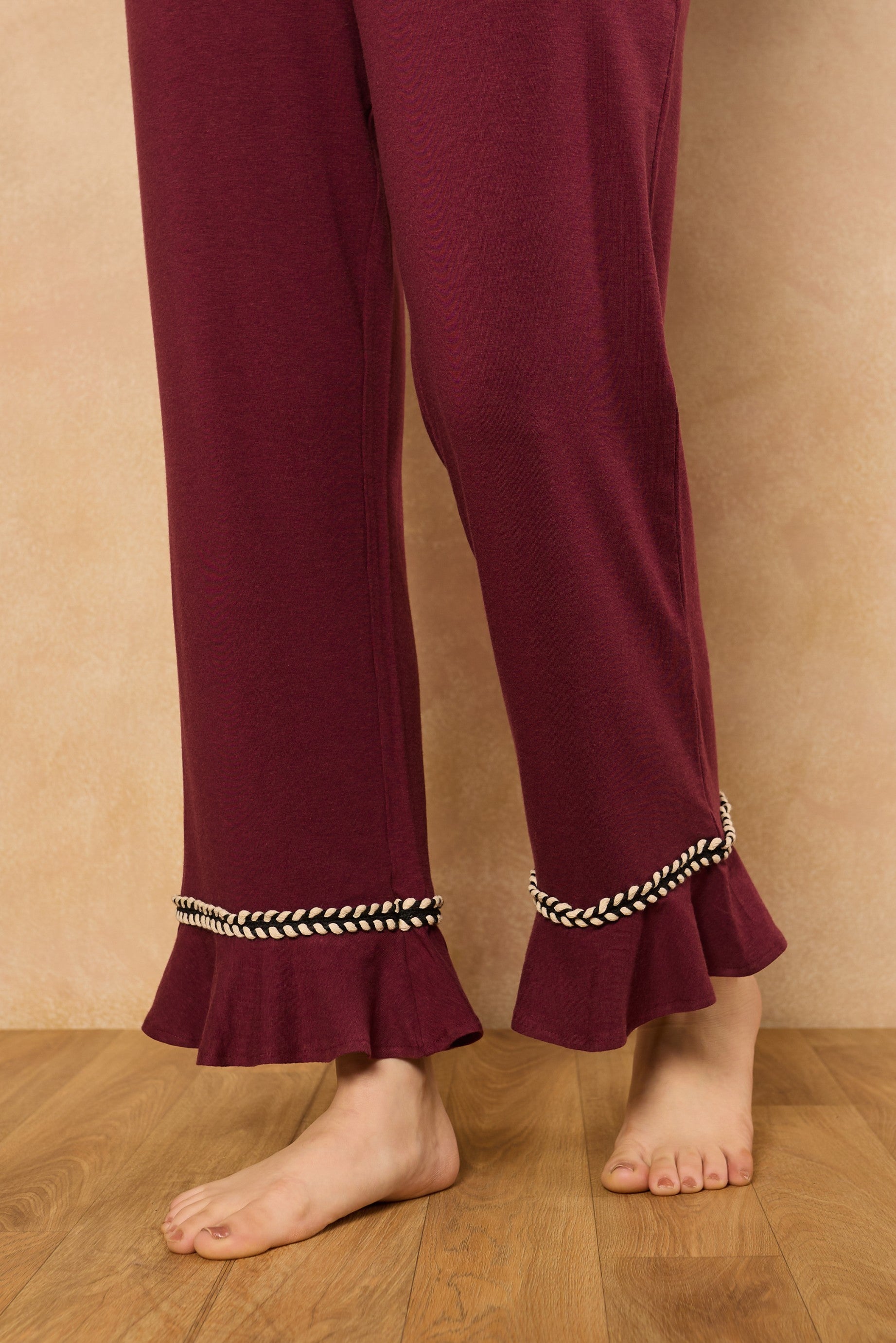 Nyla Frill Hem PJ Set - Wine