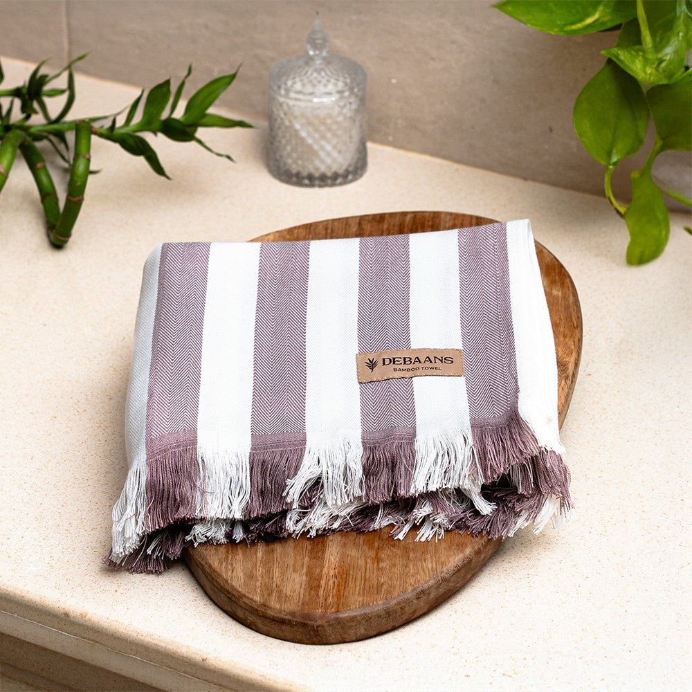 Plum striped bamboo bath towel