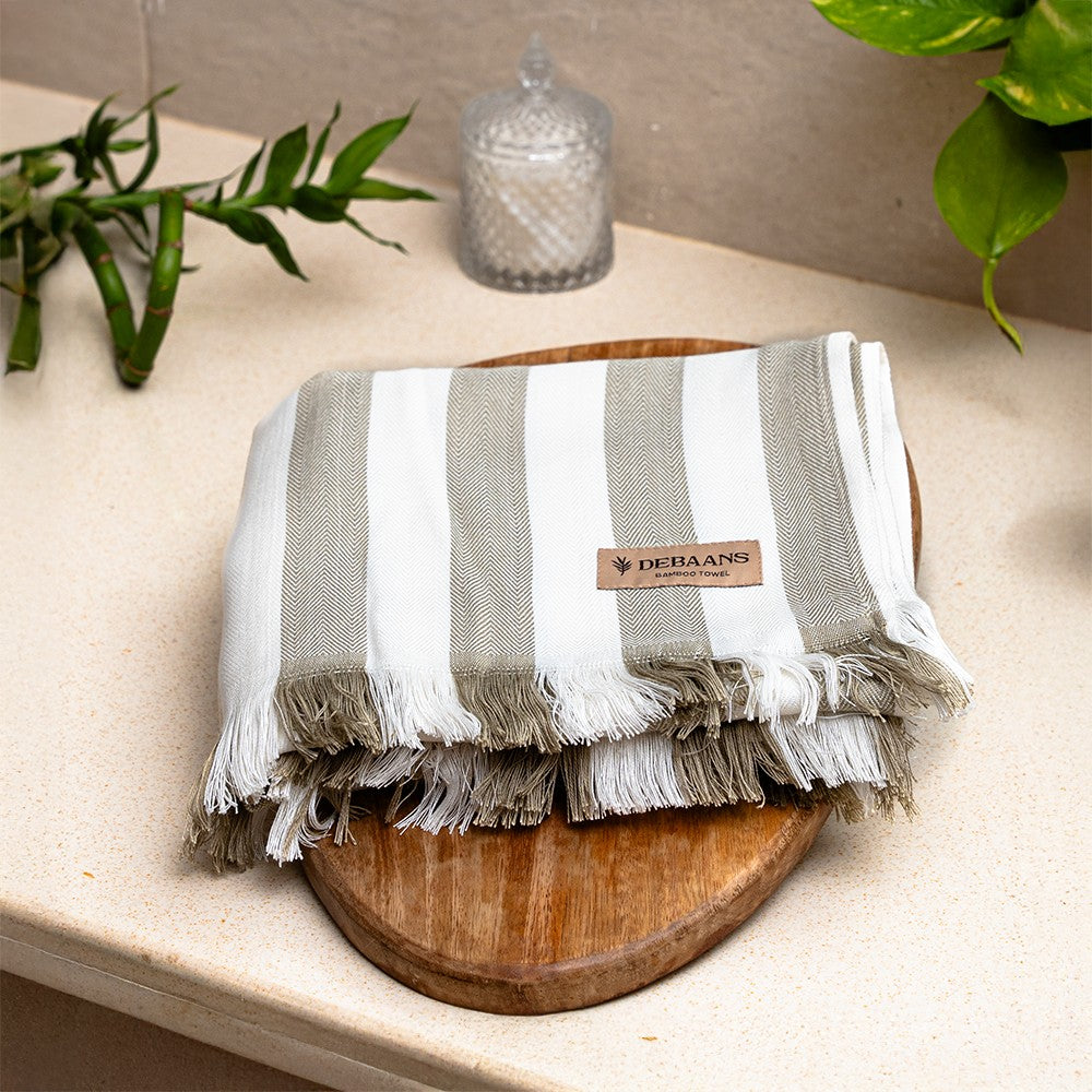 Olive Green striped Bamboo Bath Towel
