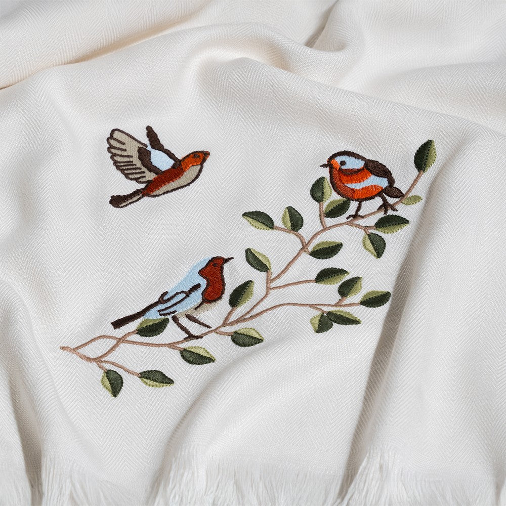 Bird on branch White Bamboo Bath Towel