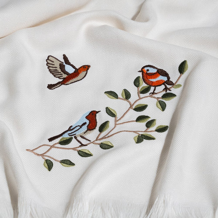 Bird on branch White Bamboo Bath Towel