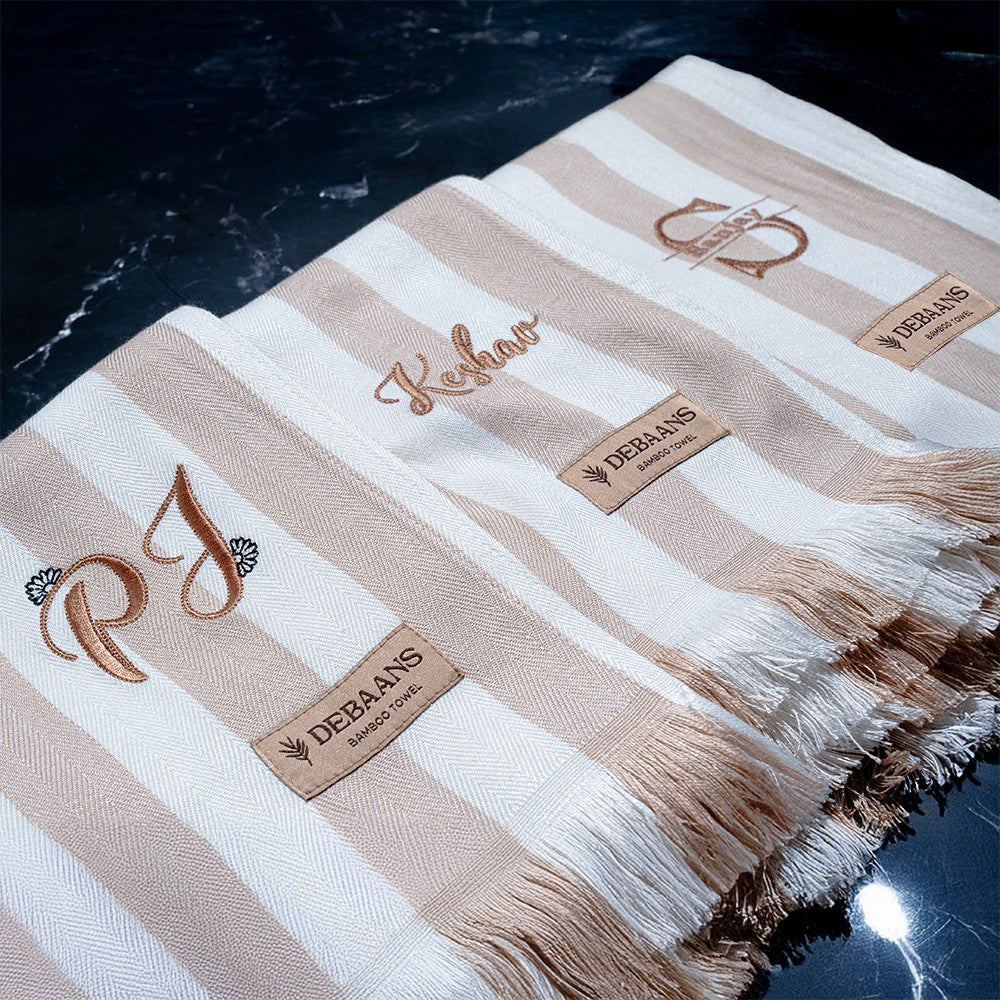 Beige stripes Bamboo Set of 2 Hand Towels + 1 Bath Towel