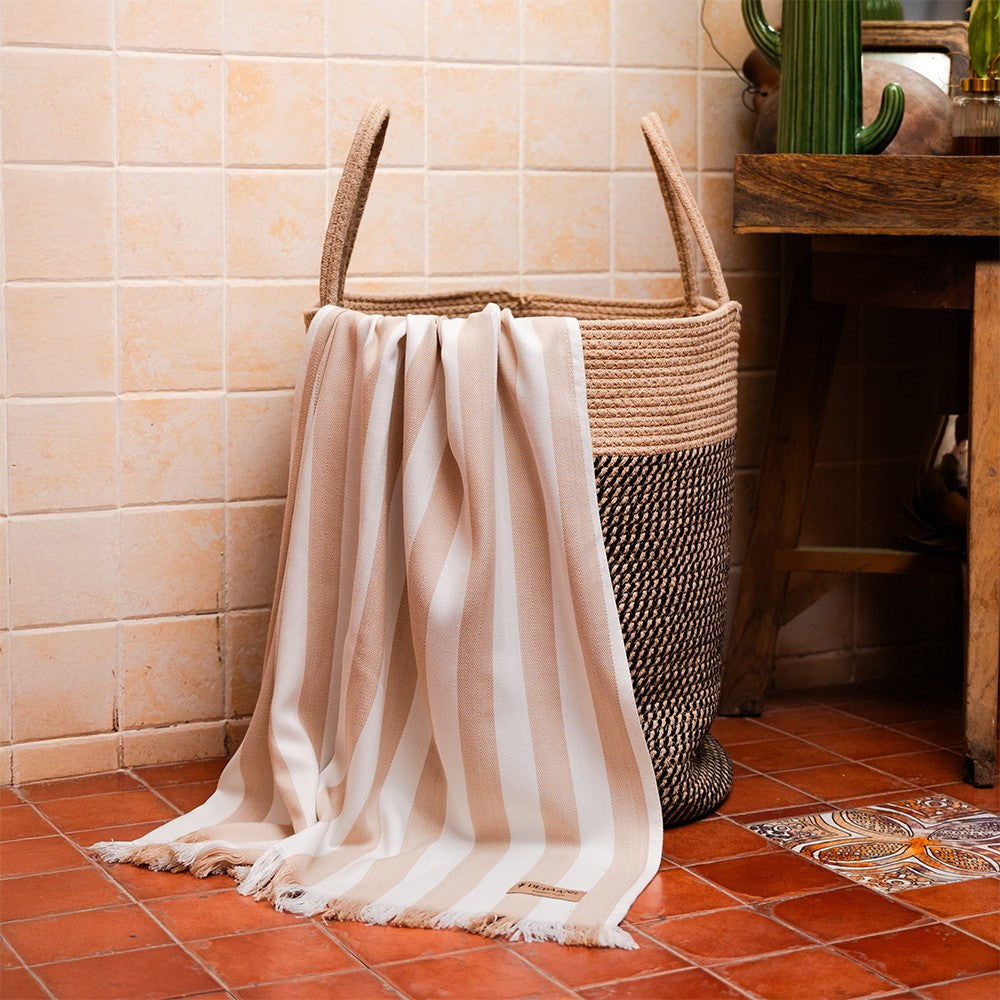 Beige stripes Bamboo Set of 2 Hand Towels + 1 Bath Towel