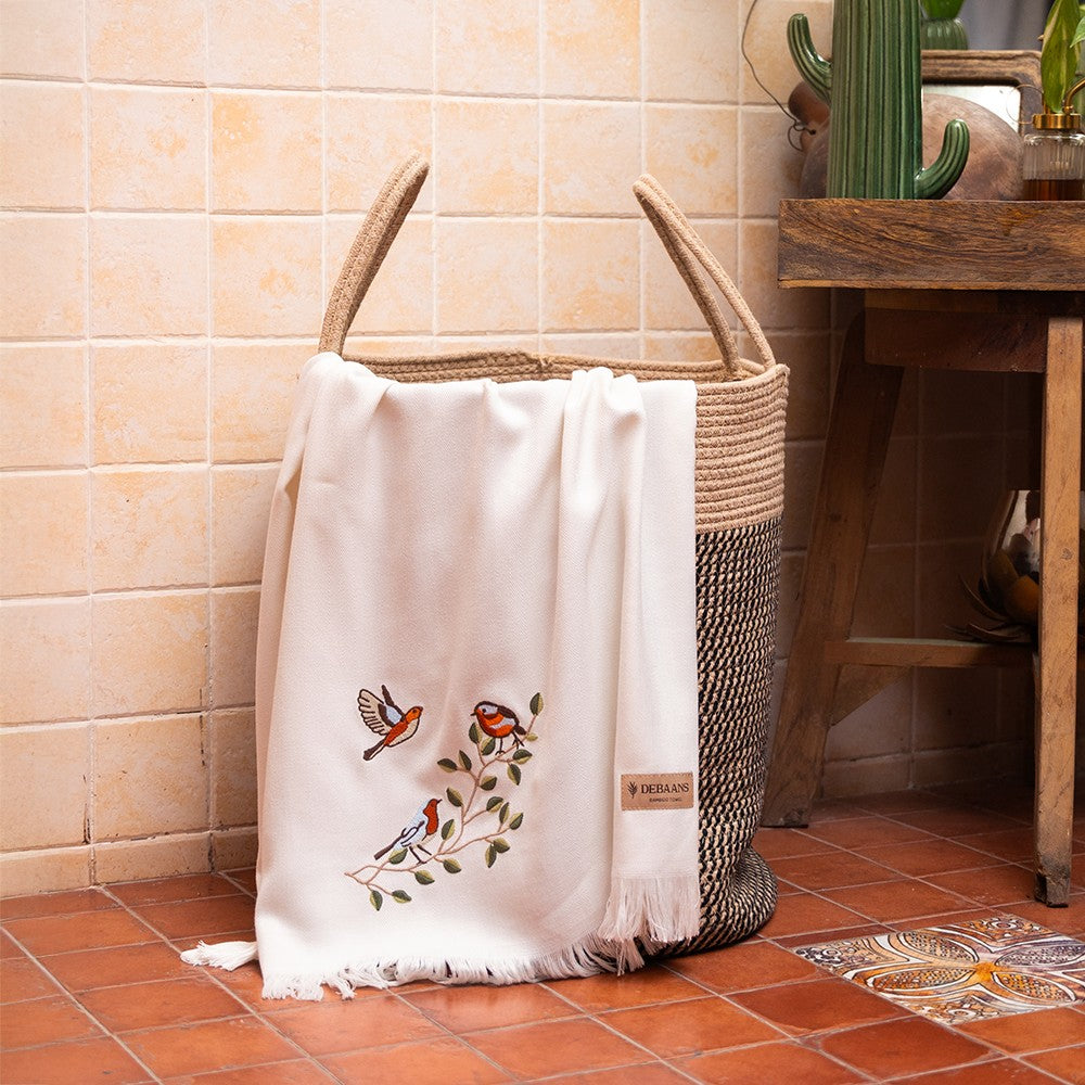 Bird on branch White Bamboo Bath Towel