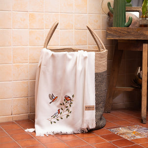 Bird on branch White Bamboo Bath Towel