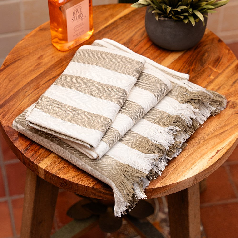 Olive stripes Bamboo Set of 2 Hand Towels + 1 Bath Towel