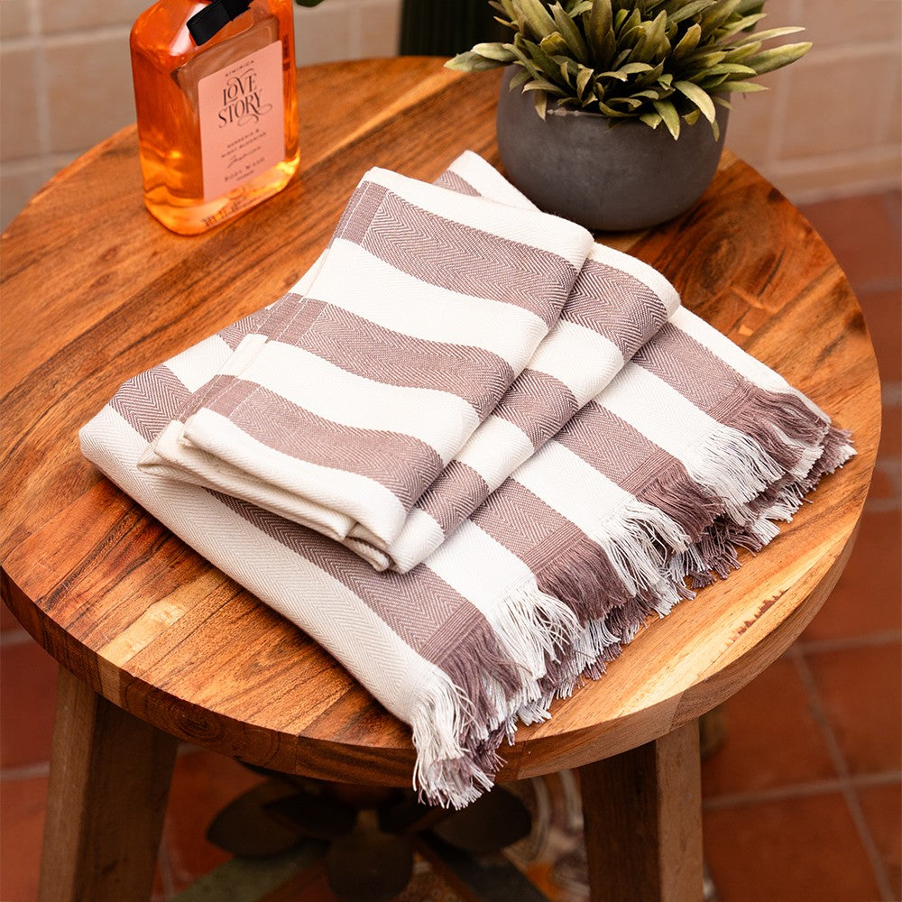 Plum stripes Bamboo Set of 2 Hand Towels + 1 Bath Towel