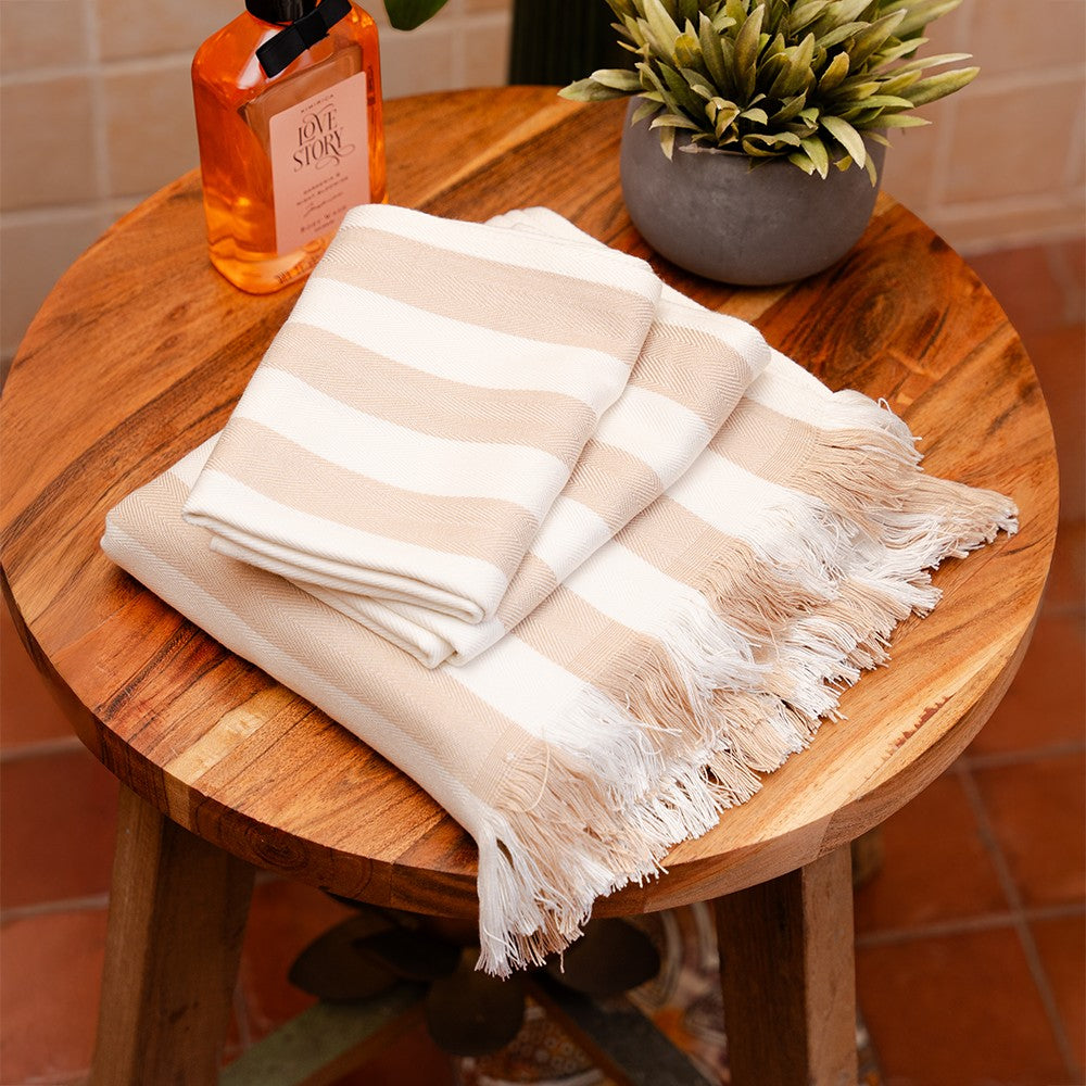 Beige stripes Bamboo Set of 2 Hand Towels + 1 Bath Towel