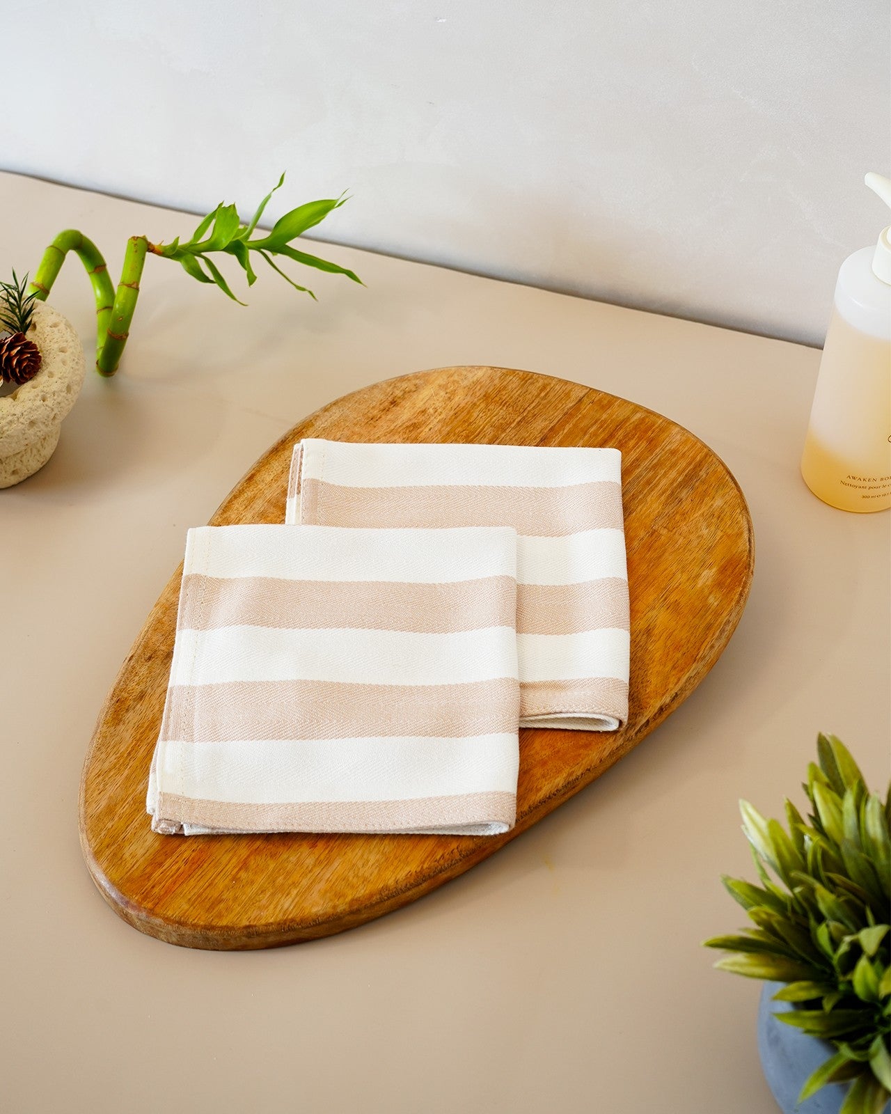 Set of 2 Bamboo Face Towels | Beige stripe
