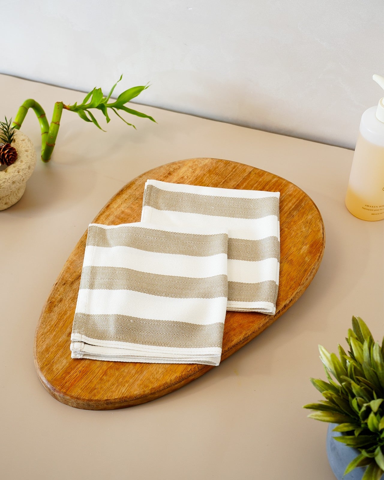 Set of 2 Bamboo Face Towels | Olive stripe