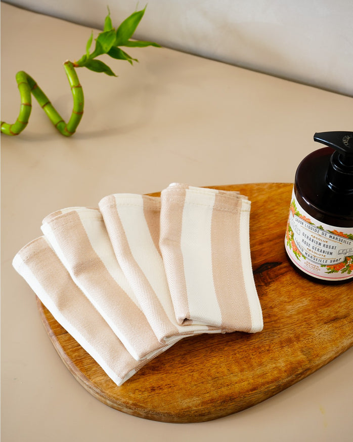 Set of 4 Bamboo Face Towels | Beige stripe