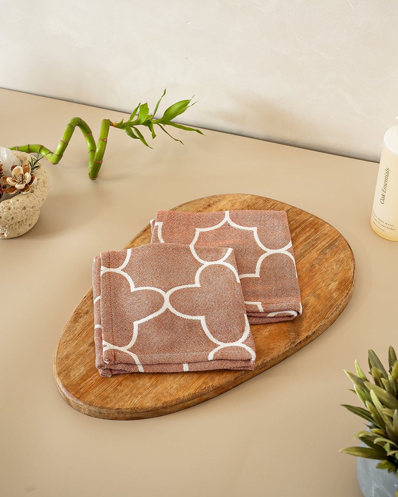 Set of 2 Face Towels | Quatrefoil Jacquard | Rust