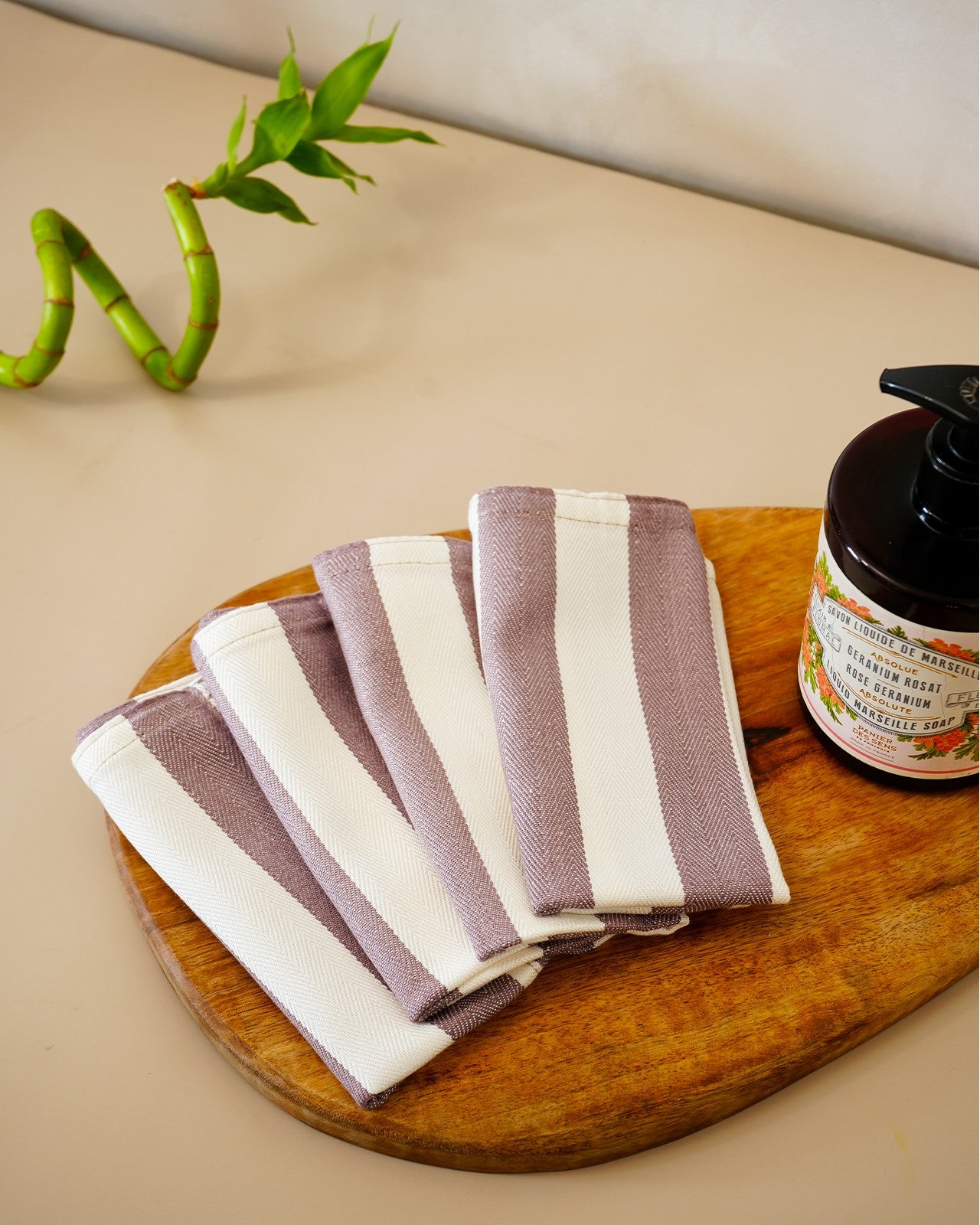 Set of 4 Bamboo Face Towels | Plum stripe