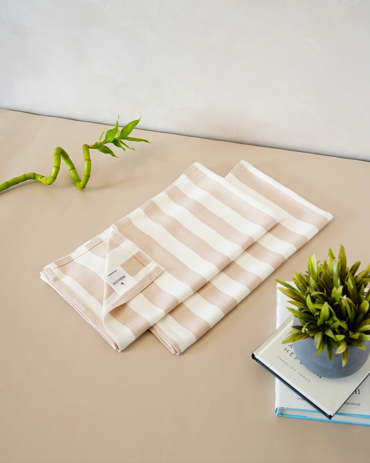 Set of 2 Bamboo Hand Towels | Beige stripe