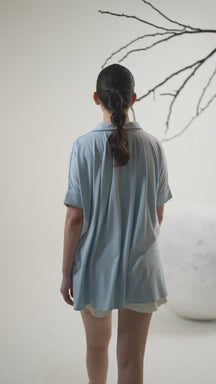 Juno Contrast Flower Patach Pocket shorts set - Sky Blue & White