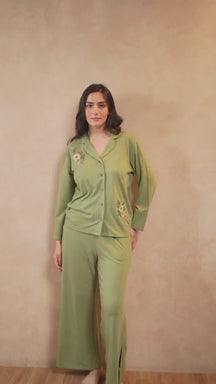 Nora Floral Embroidery PJ Set - Olive