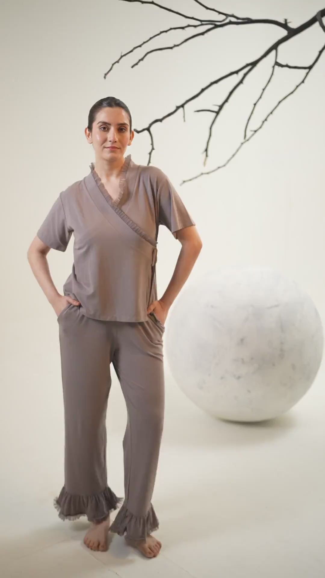 Grace Organza Frill Wrap Top Lounge Set – Steel Gray