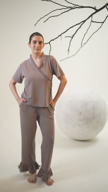 Grace Organza Frill Wrap Top Lounge Set - Steel Gray