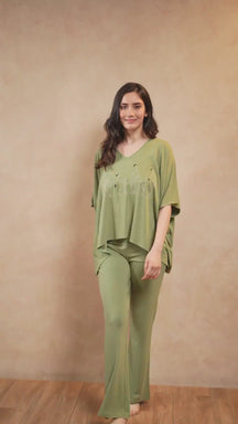 Irena Flamingo Kaftan Lounge Set - Olive