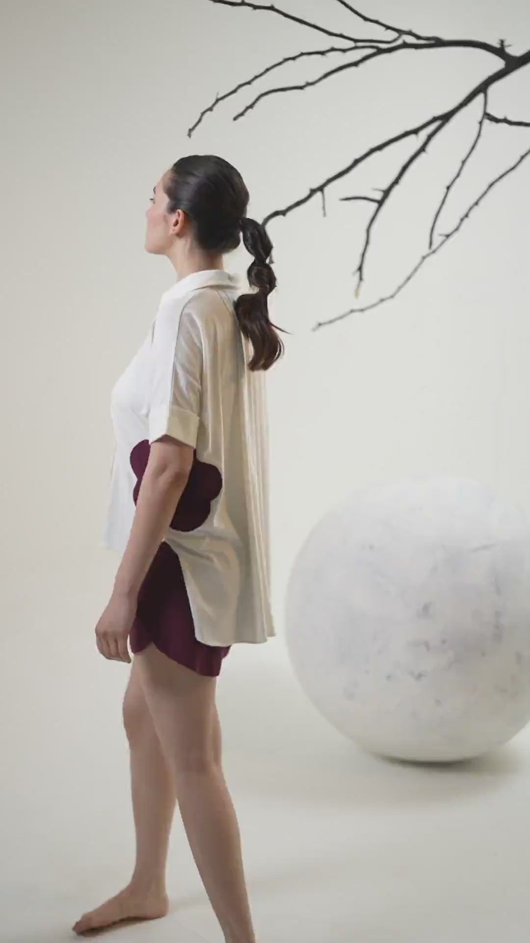 Juno Contrast Flower Patach Pocket shorts set – White & Wine