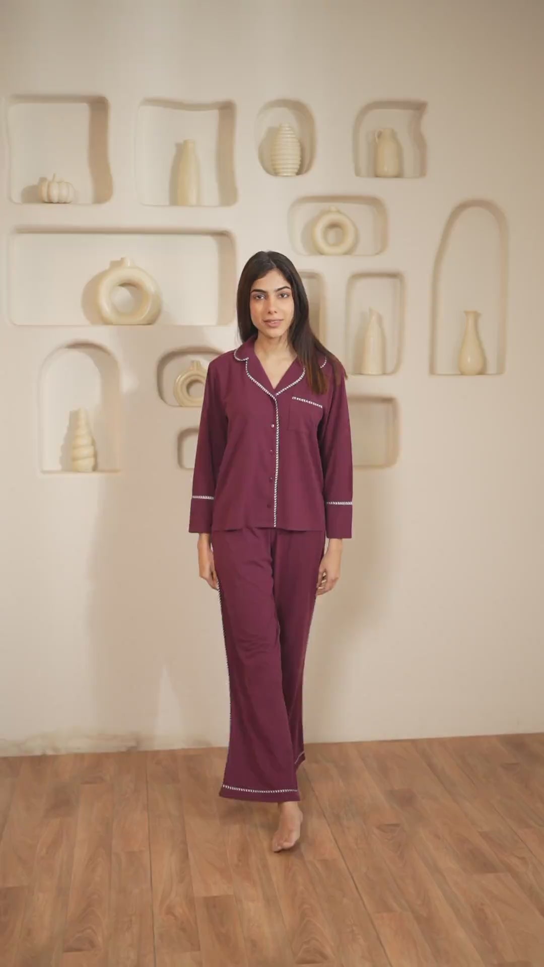 Lana Lace Trim Collared PJ Set - Wine